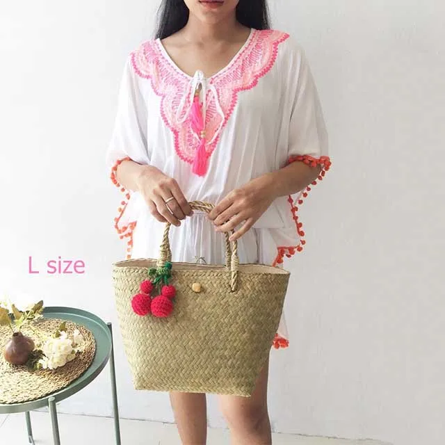 Plain Pom Pom Straw Bag Wholesale Summer Wicker Beach Tote Customized Bride Straw Beach Bags with Tassel