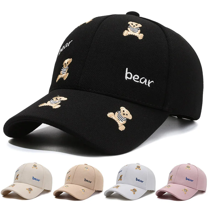 Casual Korea style custom logo print big head sunshade wholesale waterproof 6 panel wide brim baseball hat with bear embroidery