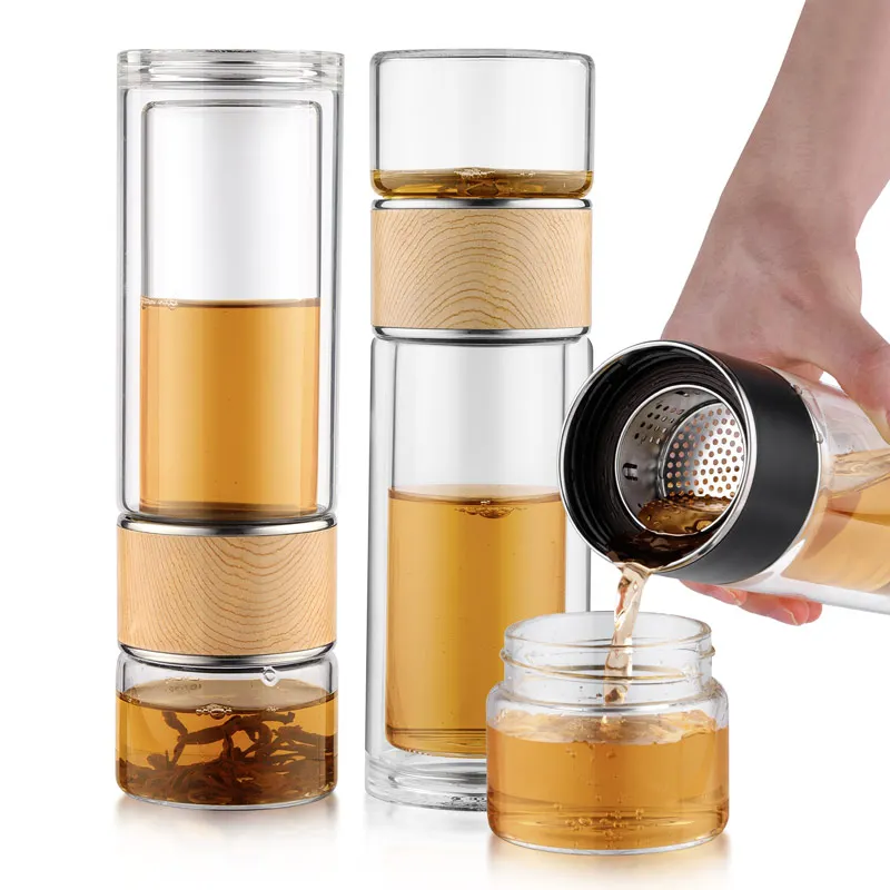 2024 New Design Water Separation Design Tea Cup Portable Double Wall Tea Glass Bottle With Stainless Steel Filter Tea Maker