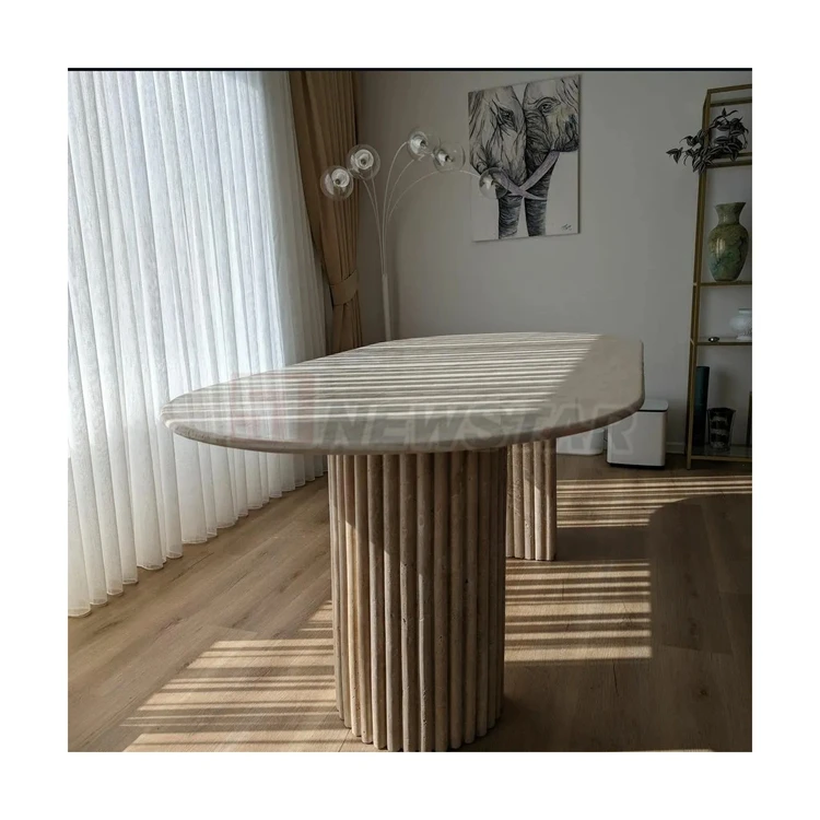 Newstar Simple Style Customized Dining Table Beige Travertine Oval Dining Table Round Marble Dining Room Table