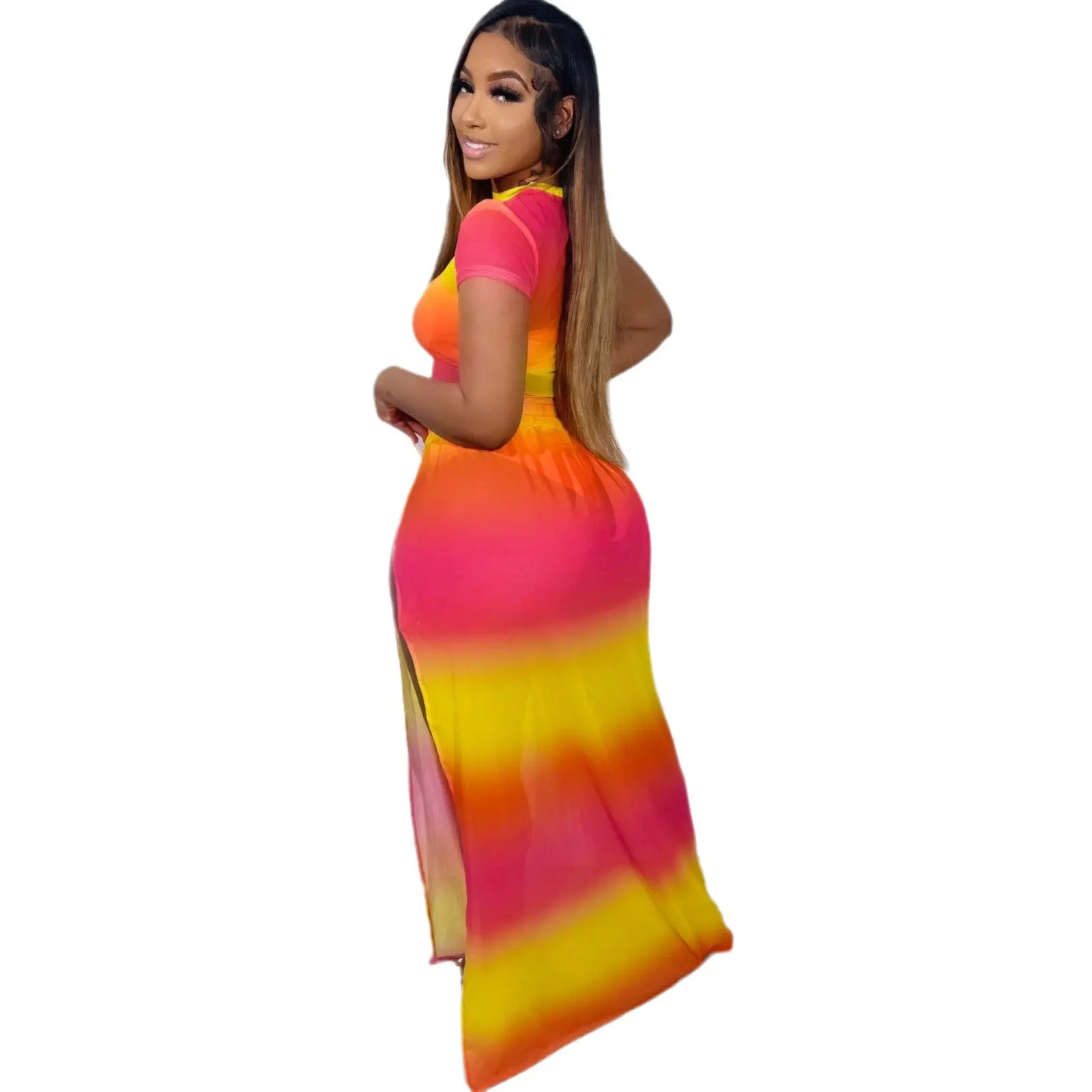 Designer Boutique Streetwear Vintage Sexy Casual Summer Beach Vacation Gradient Color Bodycon High Split Full Length Skirt Set