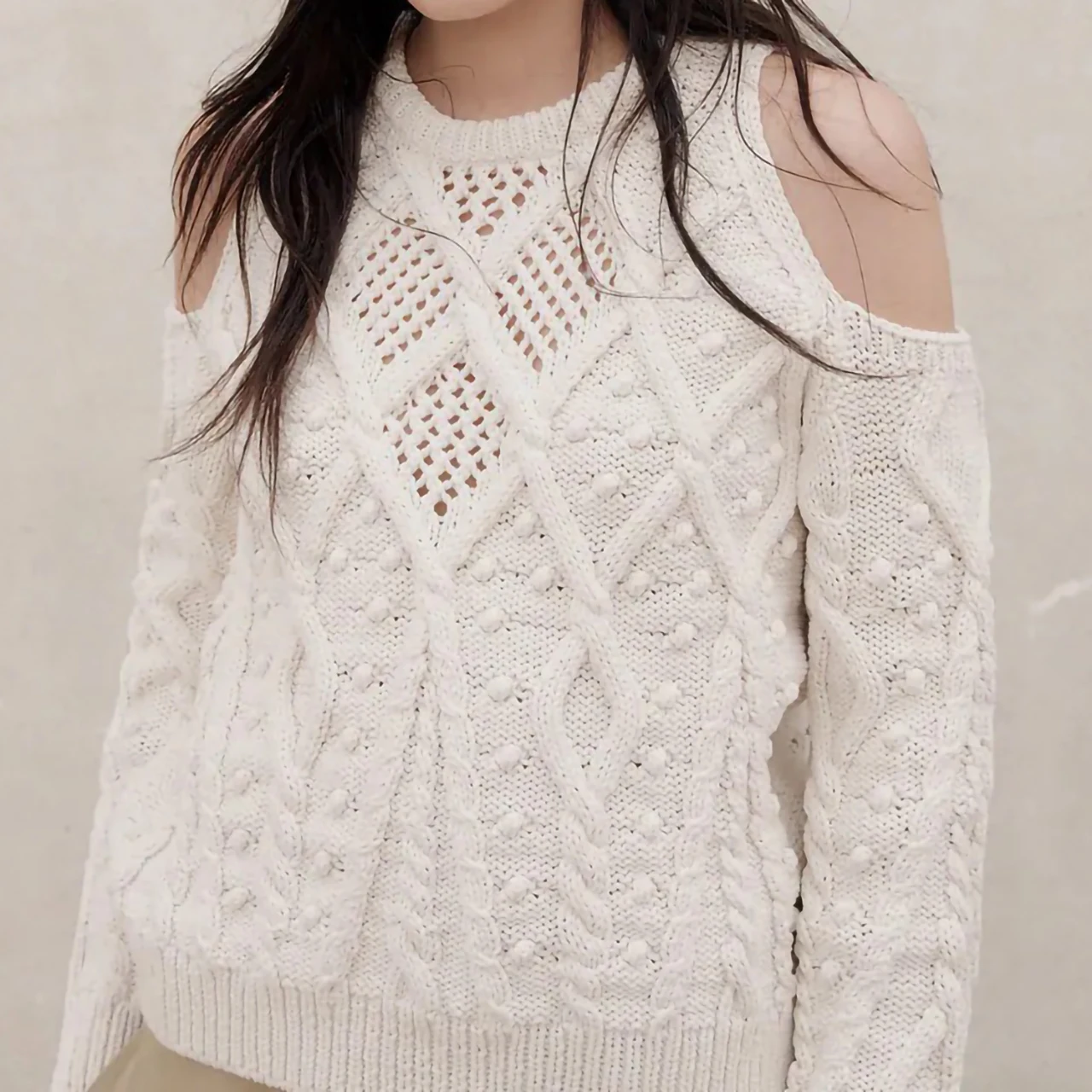 
OEM/ODM custom vetement femme womens cable knit sweater hollow off shoulder sweater women knitwear 