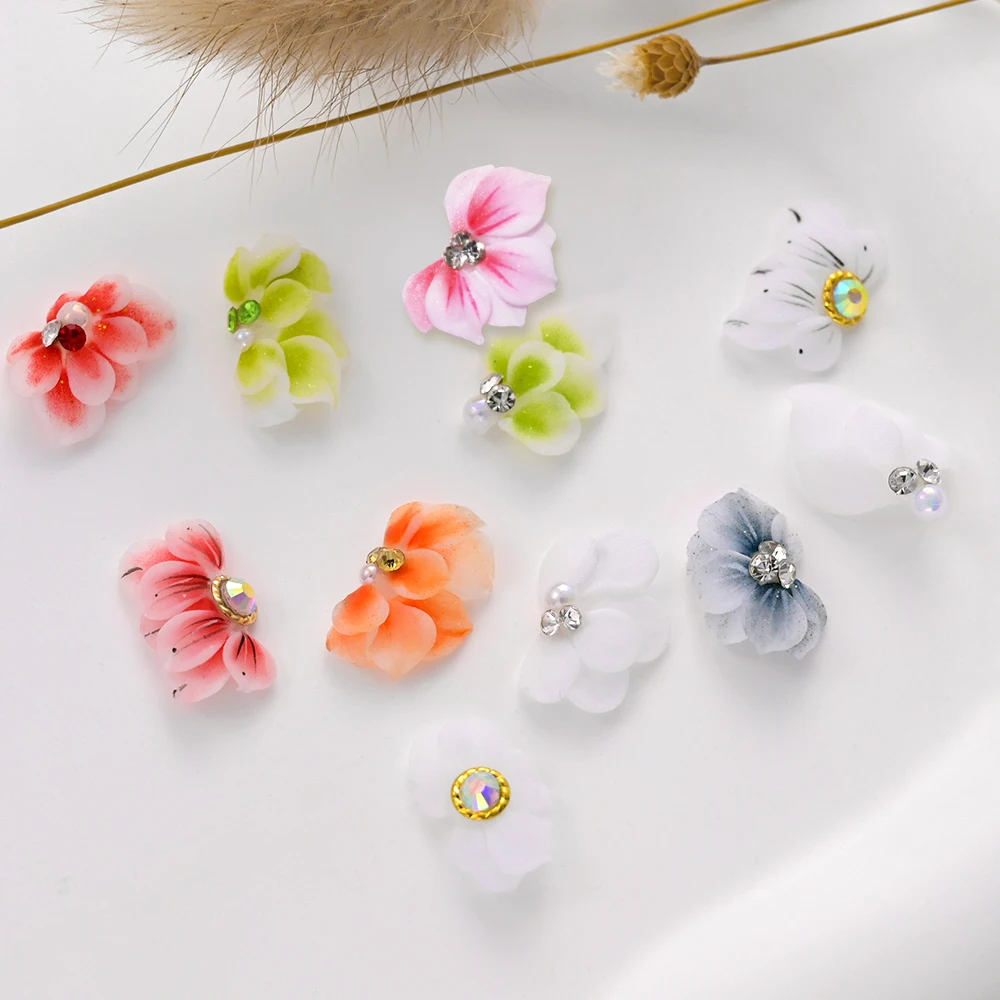 Handmade Acrylic Flower  White/Pink 3D Butterfly Acrylic Nail Flower DIY With Glitter Rhinestone Acrylic Side Flower