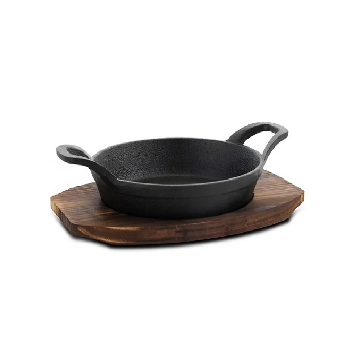 Sizzling Plate With Wooden Tray Round Serving Pan Cast Iron Sizzler Plate