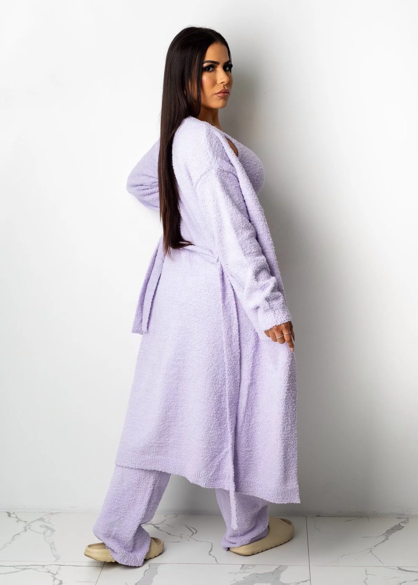 RX-826 Home wear casual solid towel fabric three piece sweater set 3 piece fuzzy set cardigan and long pants 3 piece set