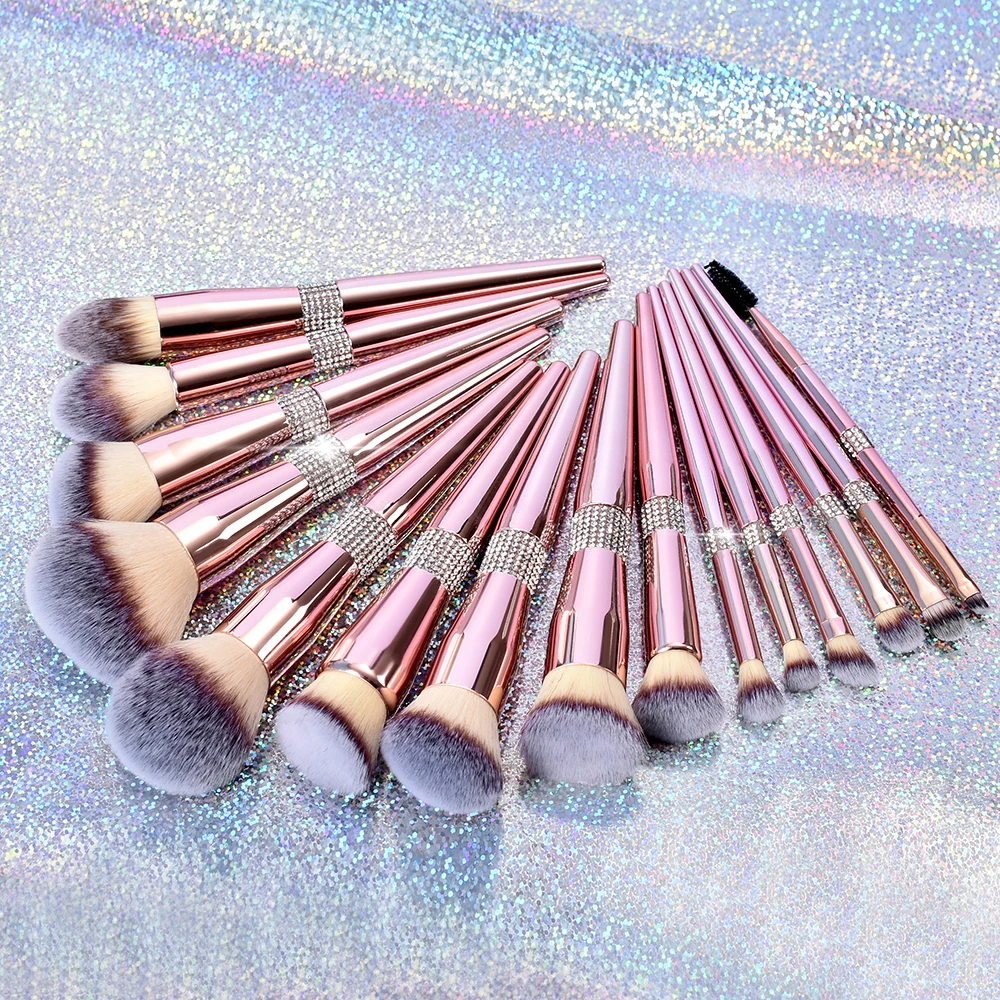 
BUEART 10pcs glitter diamond handle makeup brushes Rose golden Glitter Handle makeup brush with PU bag brochas de maquillaje 
