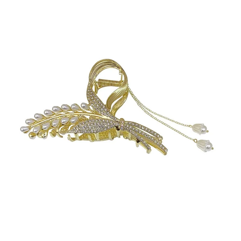 Elegant Large 13cm Hair Clip with Pearl Rhinestone and Lily of the Valley Tassel and Wheat Design