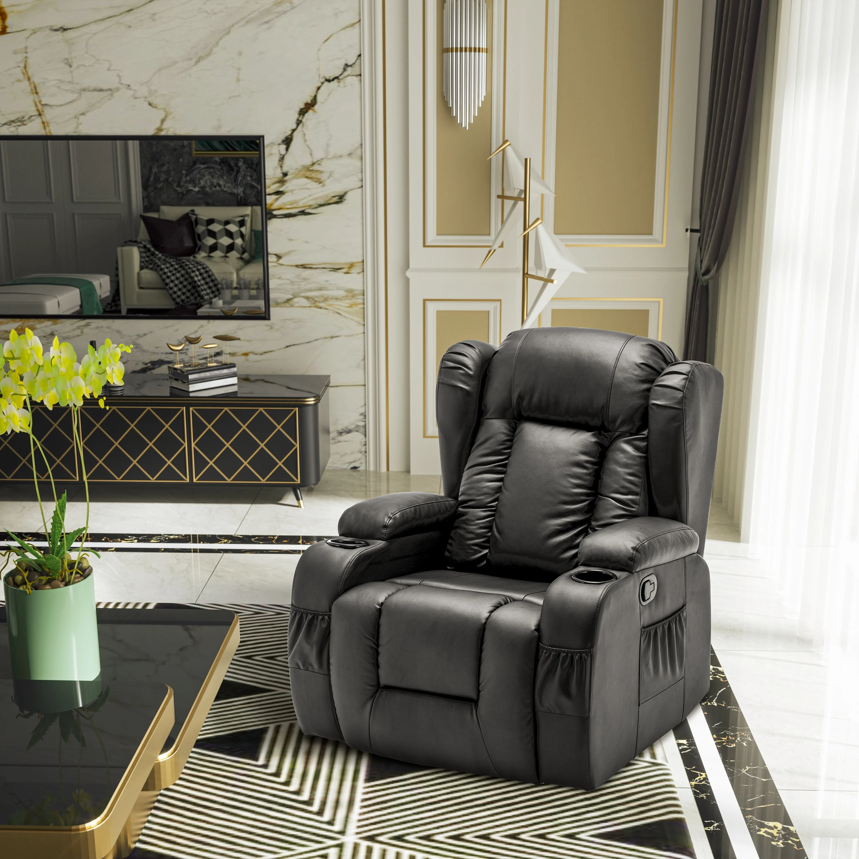 Modern Electric Massage Heating Leather Chair Recliner Sofa Set Fabric Synthetic Upholstery Frame Living Room Furniture