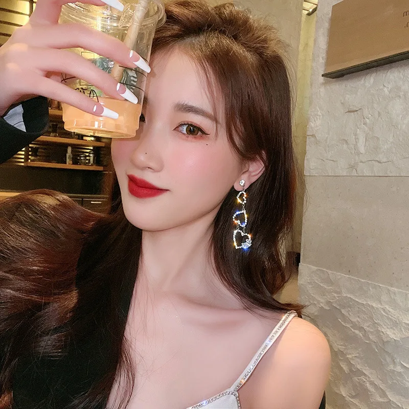 DAIHE S925 Silver Needle Full Diamond Love Tassel Earrings Ladies Cz Zircon Rhinestone Heart Earring Jewelry