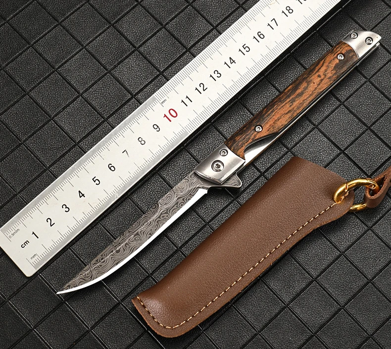 Free Sample Factoryd Price Damascus Pattern Blade Outdoor Folding Pocket Hunting Camping Survival Knife With Leather Case