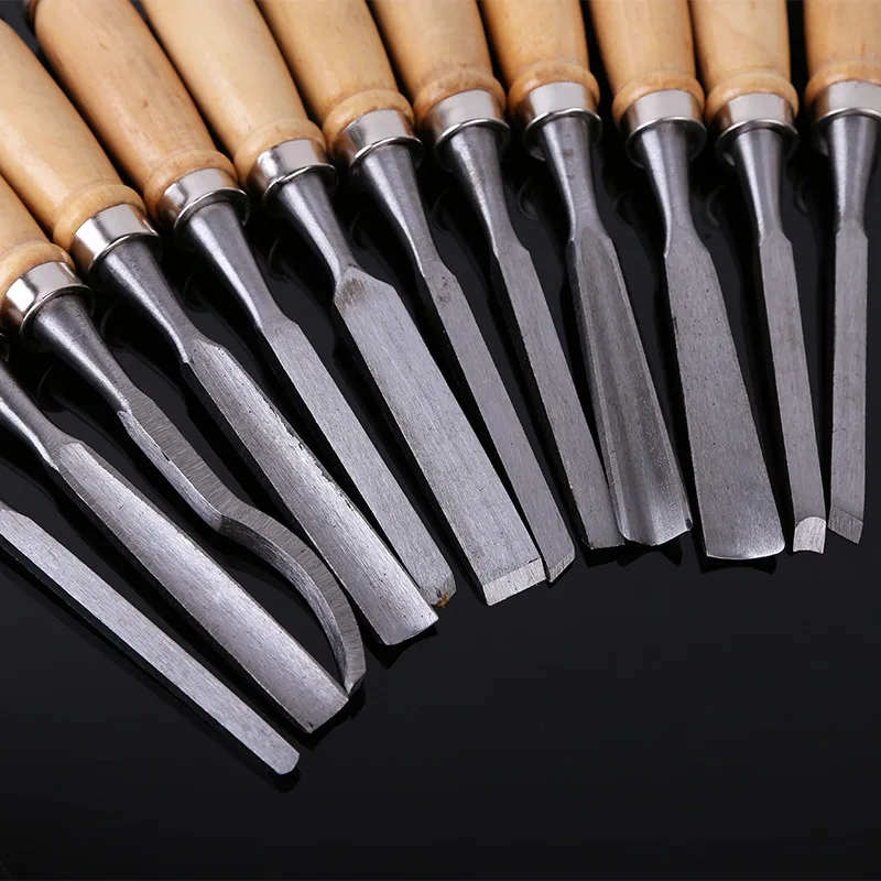 12 Pcs Hand Chisel Carving Tools Set Wood Steel Canvas Bag DIY Woodworking Tools Woodturning Tools Wood Turning Lathe Chisels