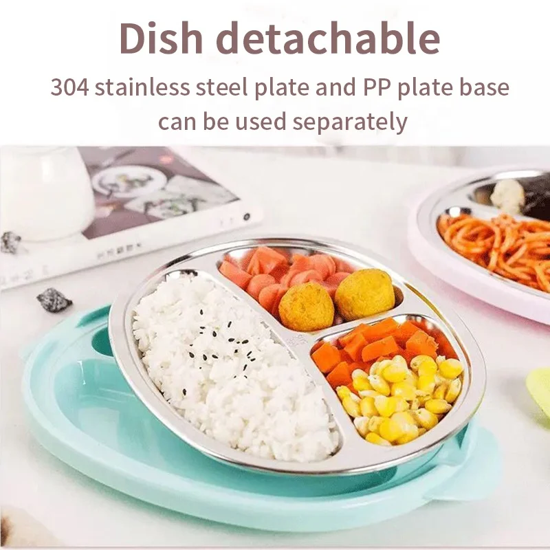 Dishes & Plates Dinnerware Happy Monkey 3 Compartment Stainless Steel 304 Kids Children Dining Plate With spoon