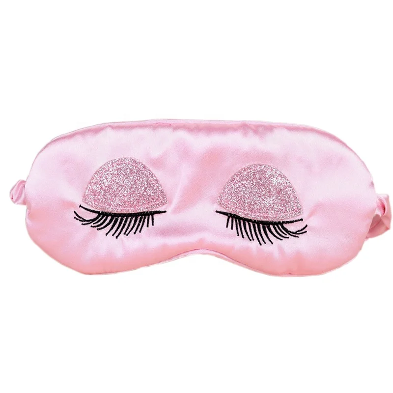 Soft Embroidery Eyelash Sleeping Satin Silk Eye Mask With Pouch