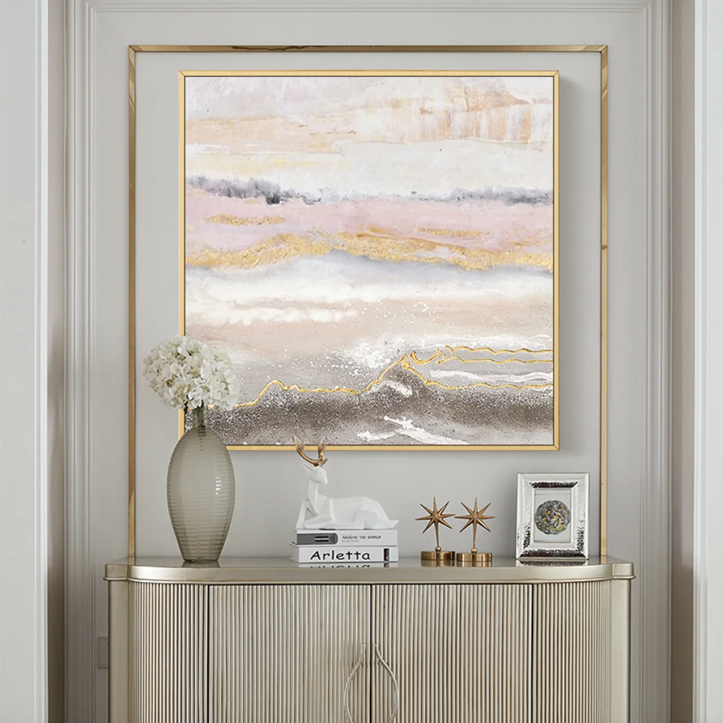 Square shape 100% Handmade Modern Painting Customized Gold & Pink Abstract Decoration Art on Canvas
