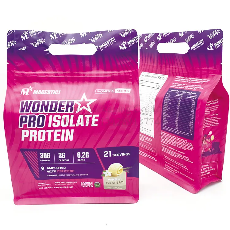Custom digital print box bottom matte finished plastic packaging whey protein powder food bag pouch with zipper and handle