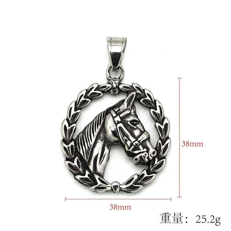Custom Stainless Steel Animal Design Vintage Fashion Horse Head Olive Leaf Branch Circle Fine Jewelry Pendants for Women Men