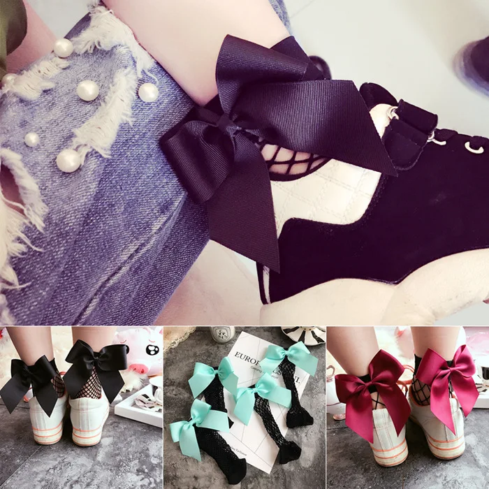8 Colors Summer Breathable Women Girls Ruffle Bow Fishnet Ankle High Socks Mesh Lace Fish Net Short Socks With Ribbon Bow