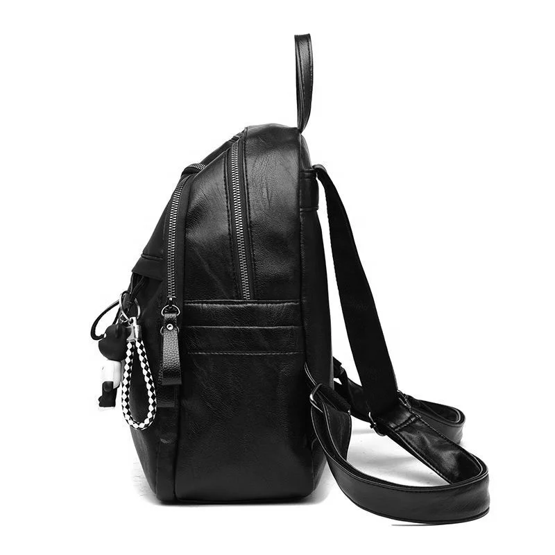 Korean Fashion Style Black Backpack Trendy Waterproof Casual Travel Bag Soft PU Leather School Backpacks for Girls