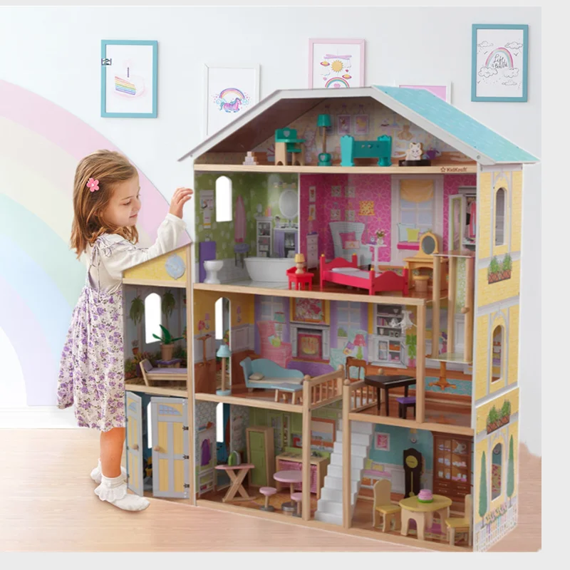 Gift Set  Assembling Toy Building  Large Size Doll House Wooden Dollhouse with 34-Piece Accessories Working Elevator and Garage