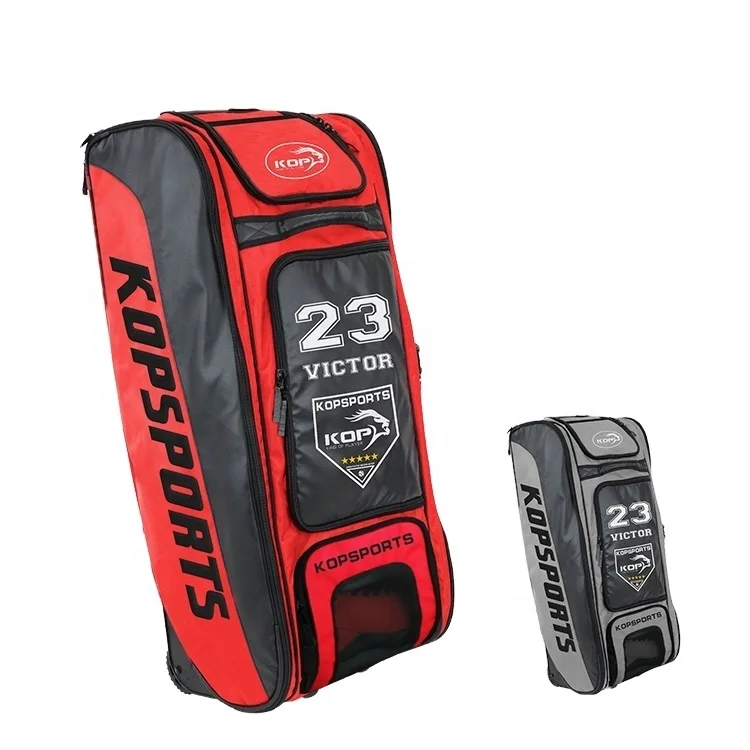 2021 KOP SPORTS Custom Waterproof  Scarlet Red Largest Wheeled Baseball  Bag With Shelves System