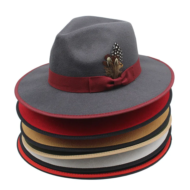 Classic Fedora Hats With  Feather Wide Brim Wool Felt Hat For Travel Vintage Style Fedora