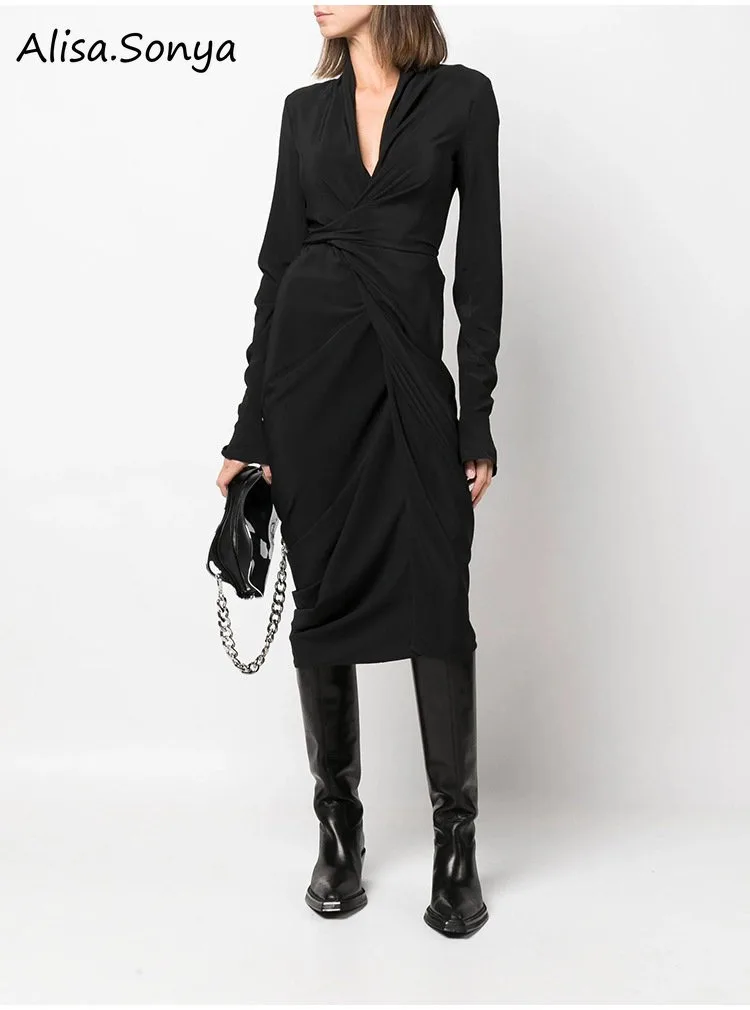 Plus Size V neck Women Maxi dress French Long sleeves Under Knee Length Stylish Wrap dresses