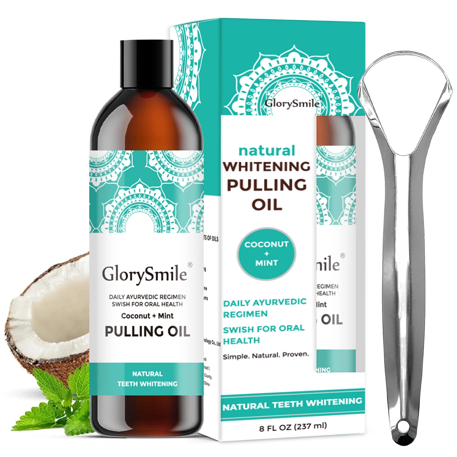 All Natural 99% Coconut & Peppermint Oil Pulling with Tongue Scraper For Healthy Teeth & Gums