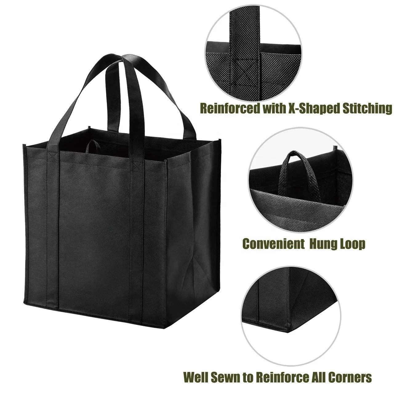 Eco Friendly Large Reusable Grocery Heavy Duty Shopping Totes Black Non Woven Shopping Bag With Reinforced Bottom