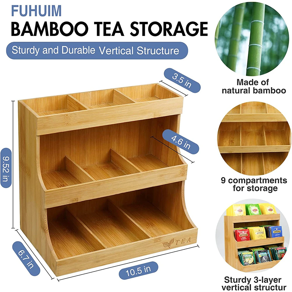 Kitchen Bamboo 3 Layer Tea Bag Organizer Storage Holder