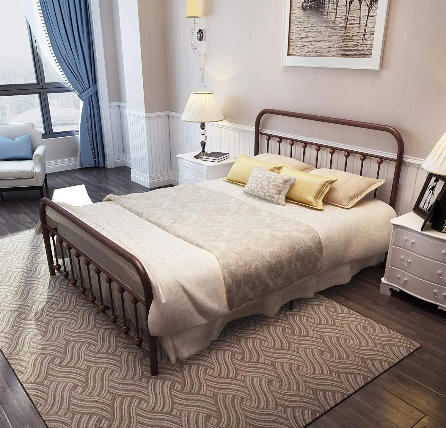 Металлическая рама для кровати королевского размера с изголовьем и подножкой, основание для матраса на одной платформе, металлическая труба и железная кровать