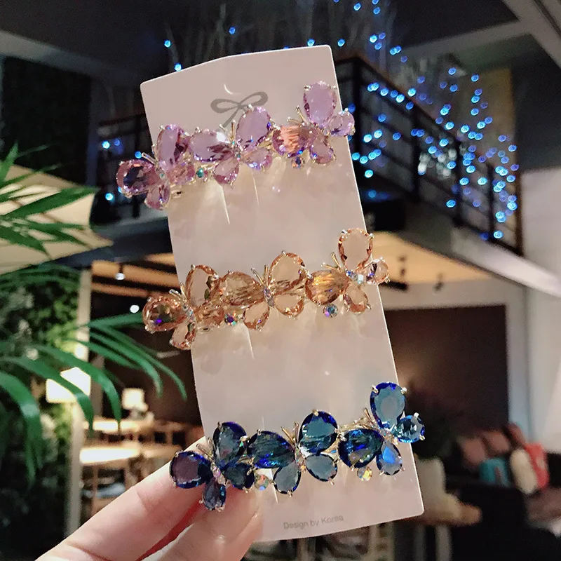 MIO Korean Colorful Butterfly Hair Barrettes Fashion Rhinestone Butterfly Hair Clip Luxury Crystal 6cm Spring Clip For Women