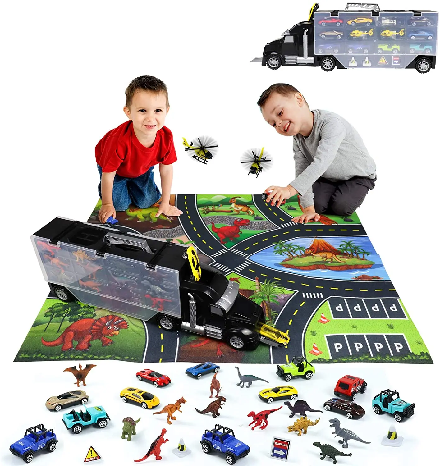 Donosaur truck car transporter with dinosaur figures diecast racing car and playing mat montessori educatioanl toy for kids