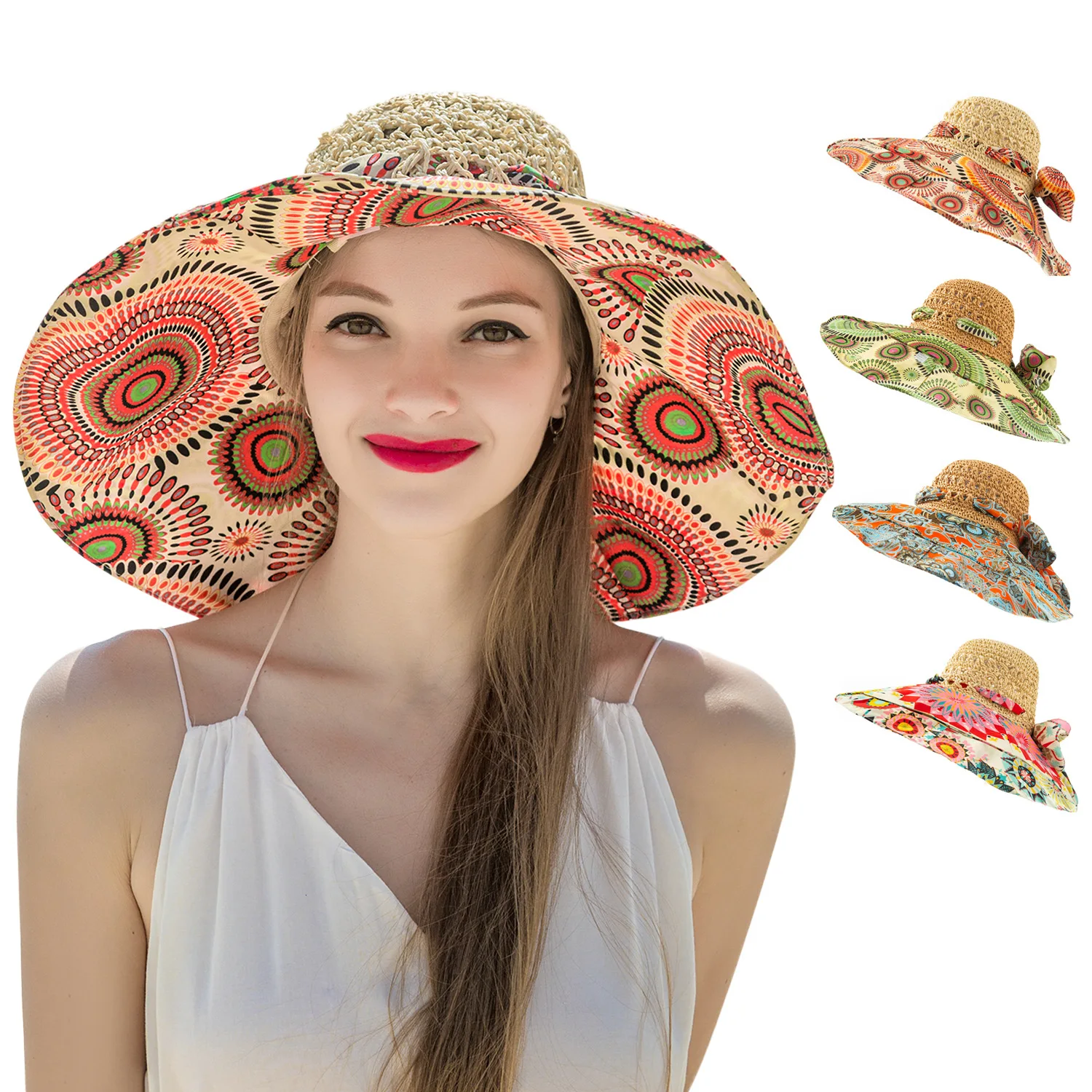 New Summer Sun Beach Straw Hat with Bow Women Breathable Fisherman Hats Wide Brim Panama Hat