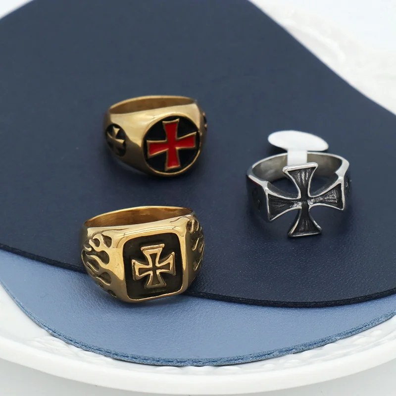 New Fashion Custom Wholesale Personality Cross Finger Ring Jewelry Enamel Gold Plated Stainless Steel Cross Ring For Men Women