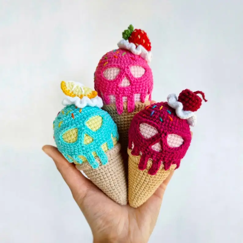 Summer Crochet Food Adorable Handmade Crochet Skull Ice Cream For Halloween