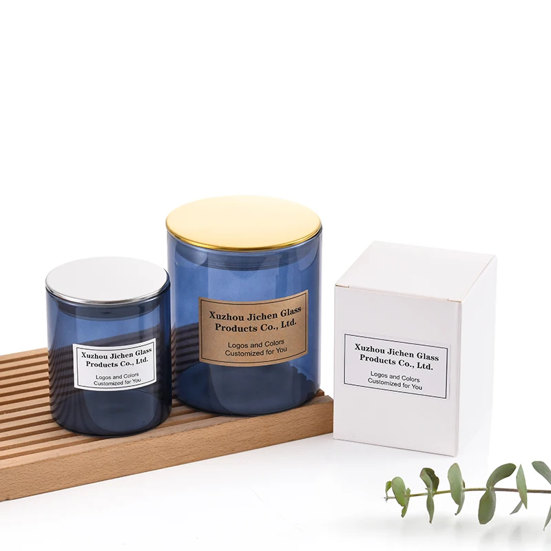 Scented 3oz 5oz 7oz 10oz 12oz 15oz 20oz blue straight soy wax high borosilicate empty glass candle jar with black metal lid