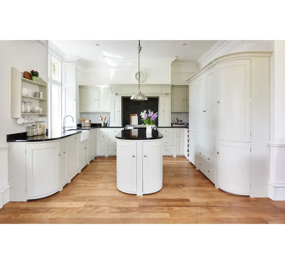 2024 New Trend Product White USA Apartment Solid Wood Shaker Curved Island Kitchen Cabinets