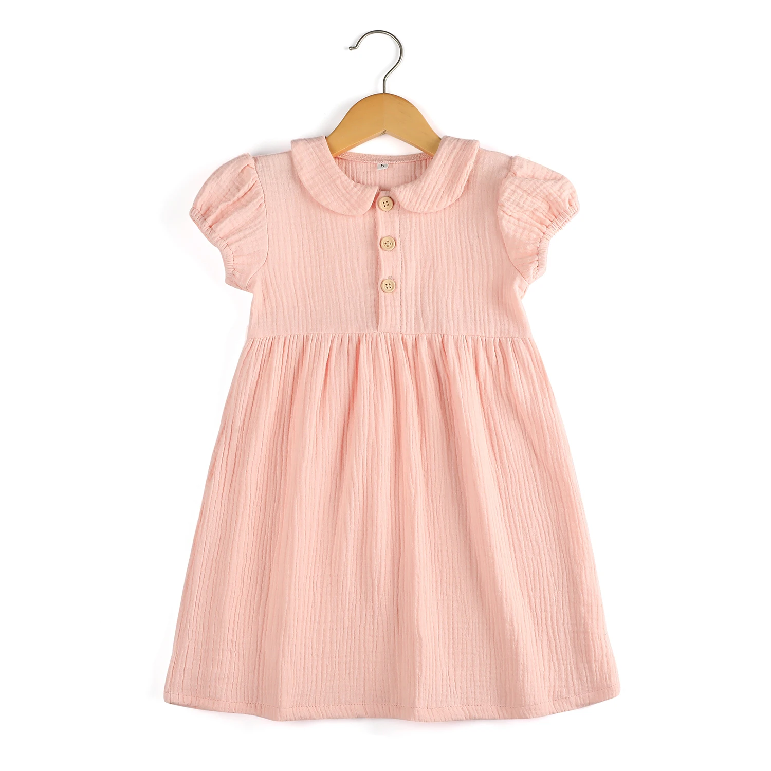 2022 sweet design  Summer peter pan collar blank muslin button down short sleeve smocked casual dress baby girl dress