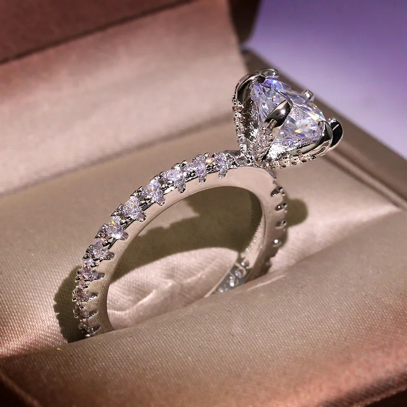 Exquisite Flower Zircon Wedding Ring For Women Jewelry Chic Round Crystal Silver Color Engagement Rings Female Gift