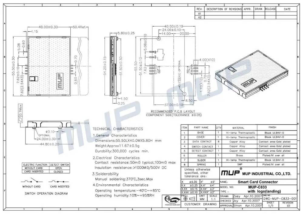 Good sales MUP-C833 High Quality SMT Type Card Connector landing technology smart card connector for verifone vx520