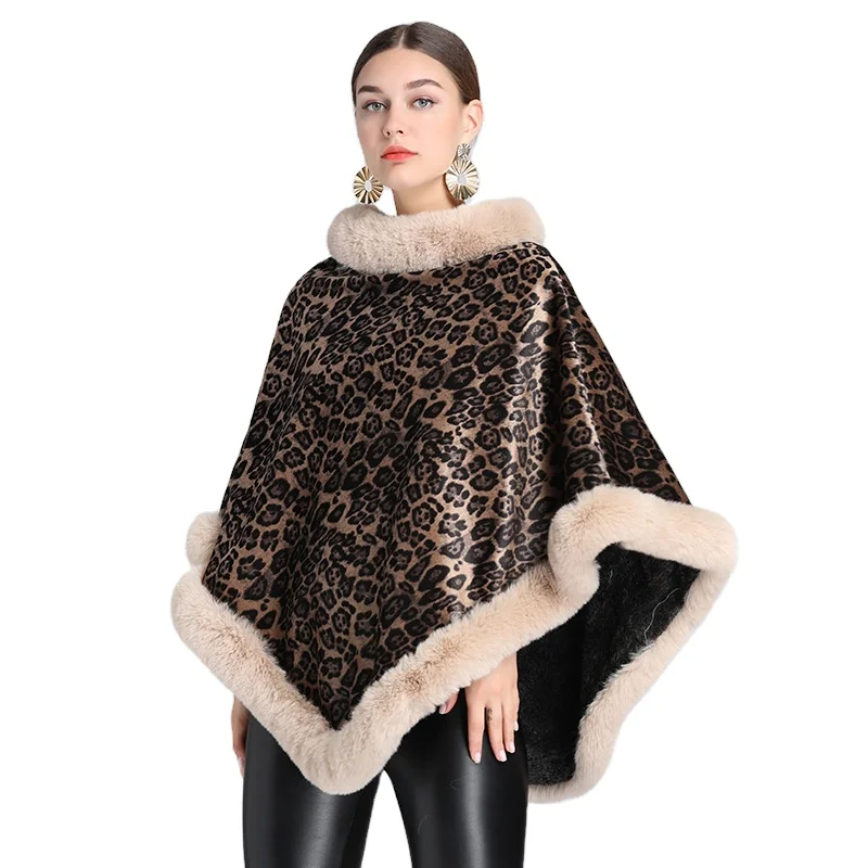 Winter Women Leopard Print Rabbit Fur Trim Poncho Loose Faux Fur Shawl
