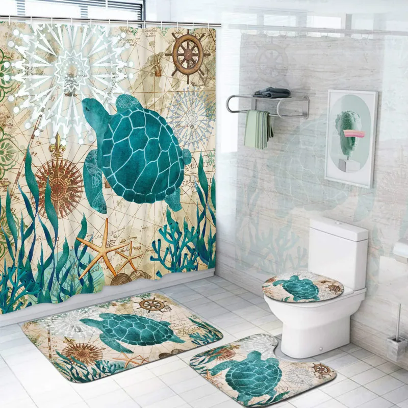 
4 pieces Waterproof Washable Polyester Fabric Non Toxic Eco-Friendly Sea Turtle Shower Curtain Rug Carpet set 