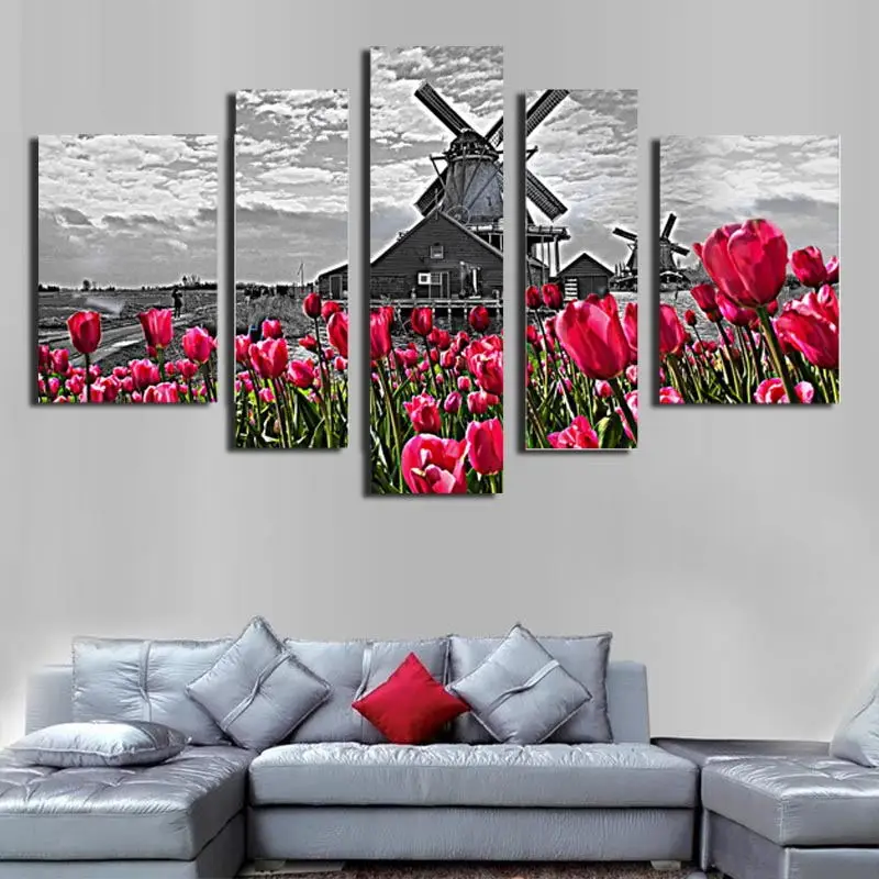 Art Wall Picture Canvas Print Floral Decor Wallpaper Mural Flower Living Room Decoration Poster Seven 5 Panel Oil Painting