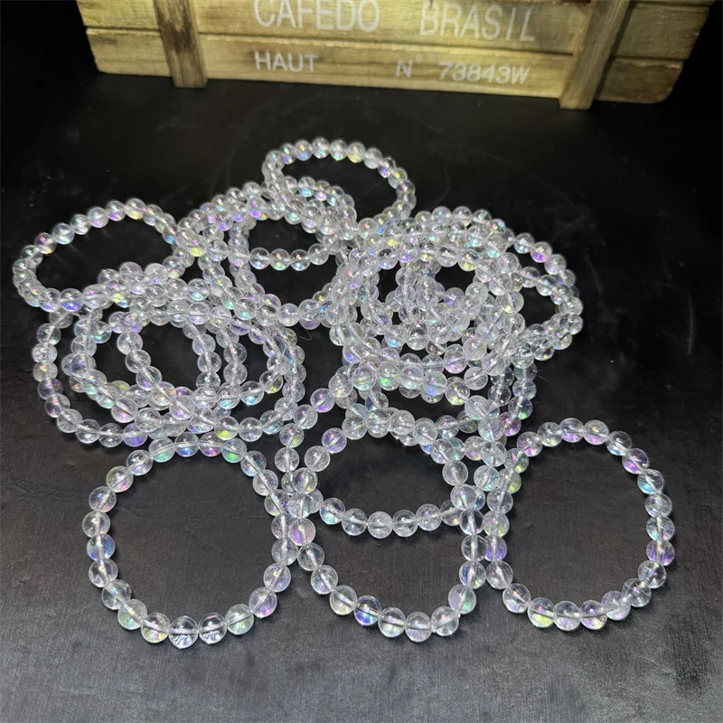 Wholesale Natural Crystal 8mm Round Beads Gemstone  Angel Arua Clear White Quartz Crystal Bracelet for Gift