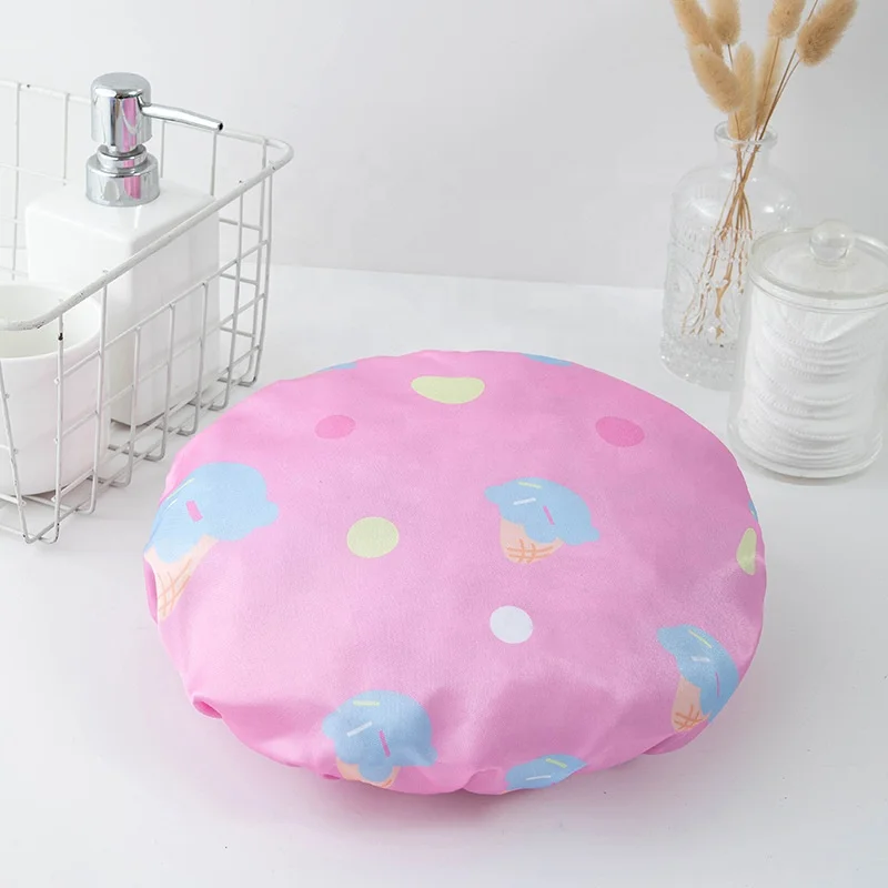 Waterproof Bath Hat Double Layer Shower Hair Cover Women Supplies Shower Cap With Ice cream pattern