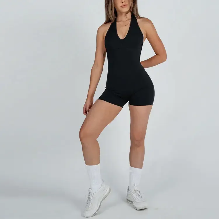 Custom Sexy Fashion Premium Nylon Spandex Scrunch Butt Shorts Set Jumpsuit Women Workout V Open Back Yoga Bodysuit