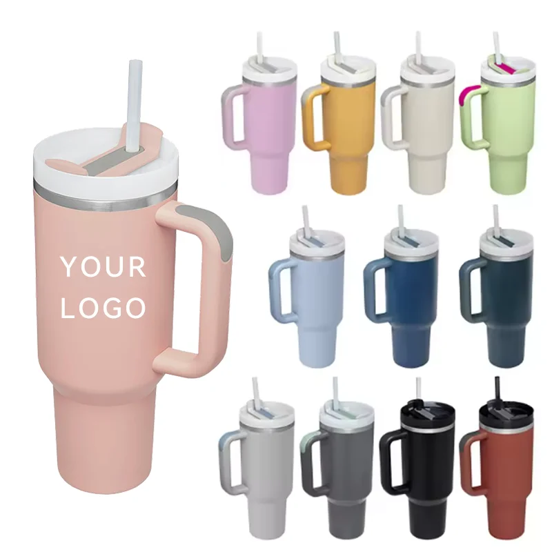 Custom Logo 40 oz Double Wall Stainless Steel 30 H2.0 Tumbler Travel Coffee Mug Cup With Handle And Straw