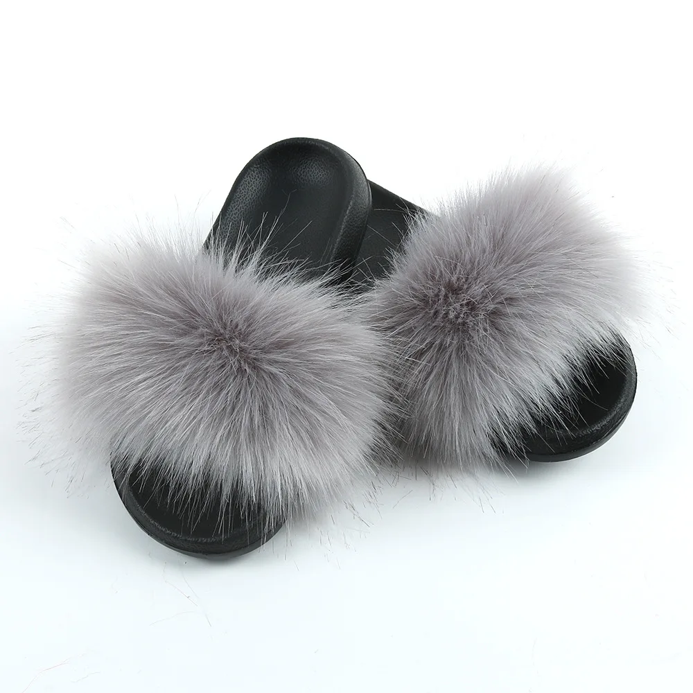 Ladies fur slippers slides/custom faux furry slides slippers/wholesale faux fox fur slides
