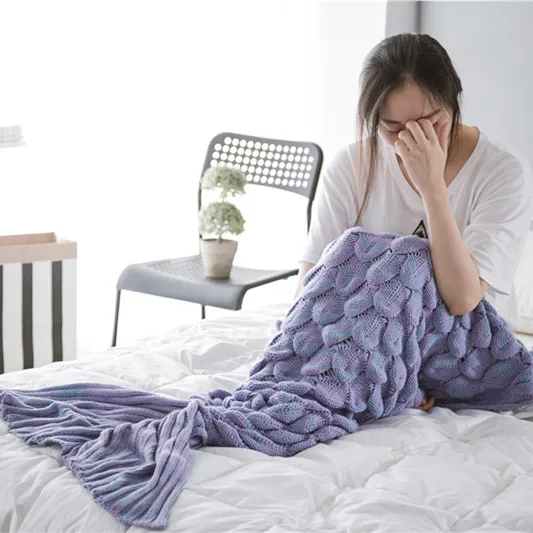 100% Polyester One Ply OEM ODM Mermaid Tail Knitting Air Conditioning Pillow Throw Blanket