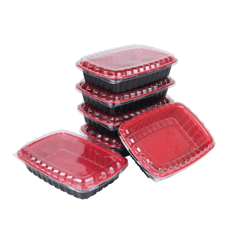 Disposable 26oz rectangle thick sheet lunch box Red and black meal container custom logo